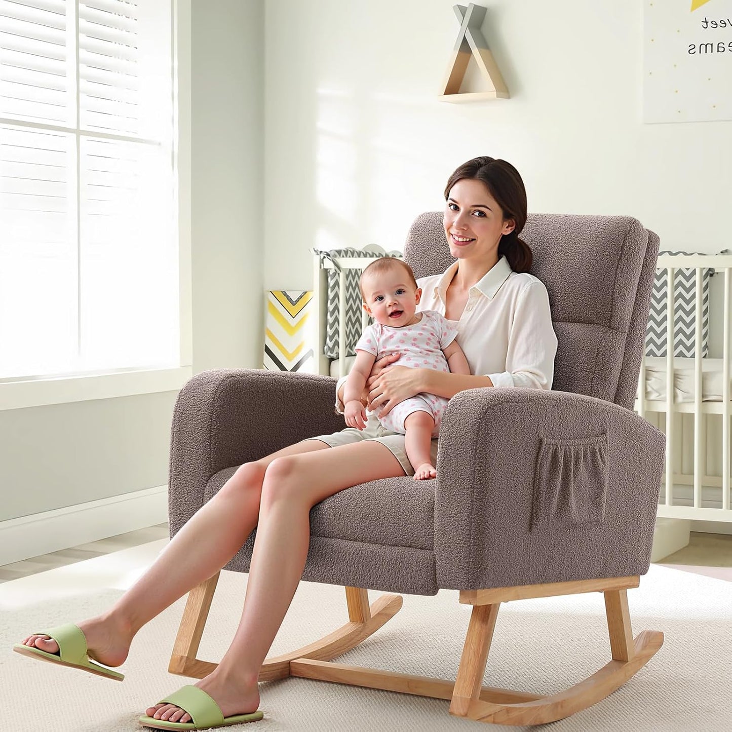 HCHAIRH Rocking Chair Nursery, Nursing Rocking Chairs with Foot Rest for Mom Nursery, Glider Rocker Chair with Footrest and High Backrest for Living Room, Bedroom, Beige