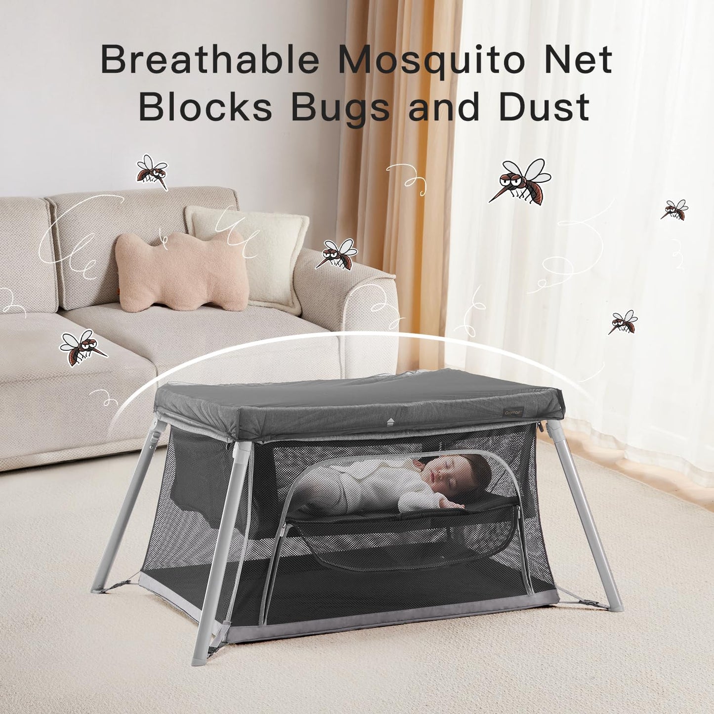 Gromast 2 in 1 Portable Travel Crib for Toddler, Foldable Crib for Baby, Lightweight Playpen Collapsible Playard with Soft Mattress, Easy to Carry Baby Travel Bed for Outdoor, Indoor (Grey)