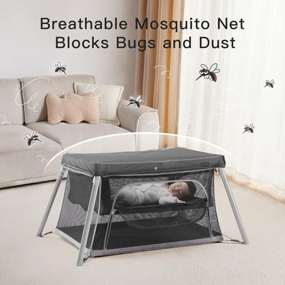 Gromast 2 in 1 Portable Travel Crib for Toddler, Foldable Crib for Baby, Lightweight Playpen Collapsible Playard with Soft Mattress, Easy to Carry Baby Travel Bed for Outdoor, Indoor (Grey)