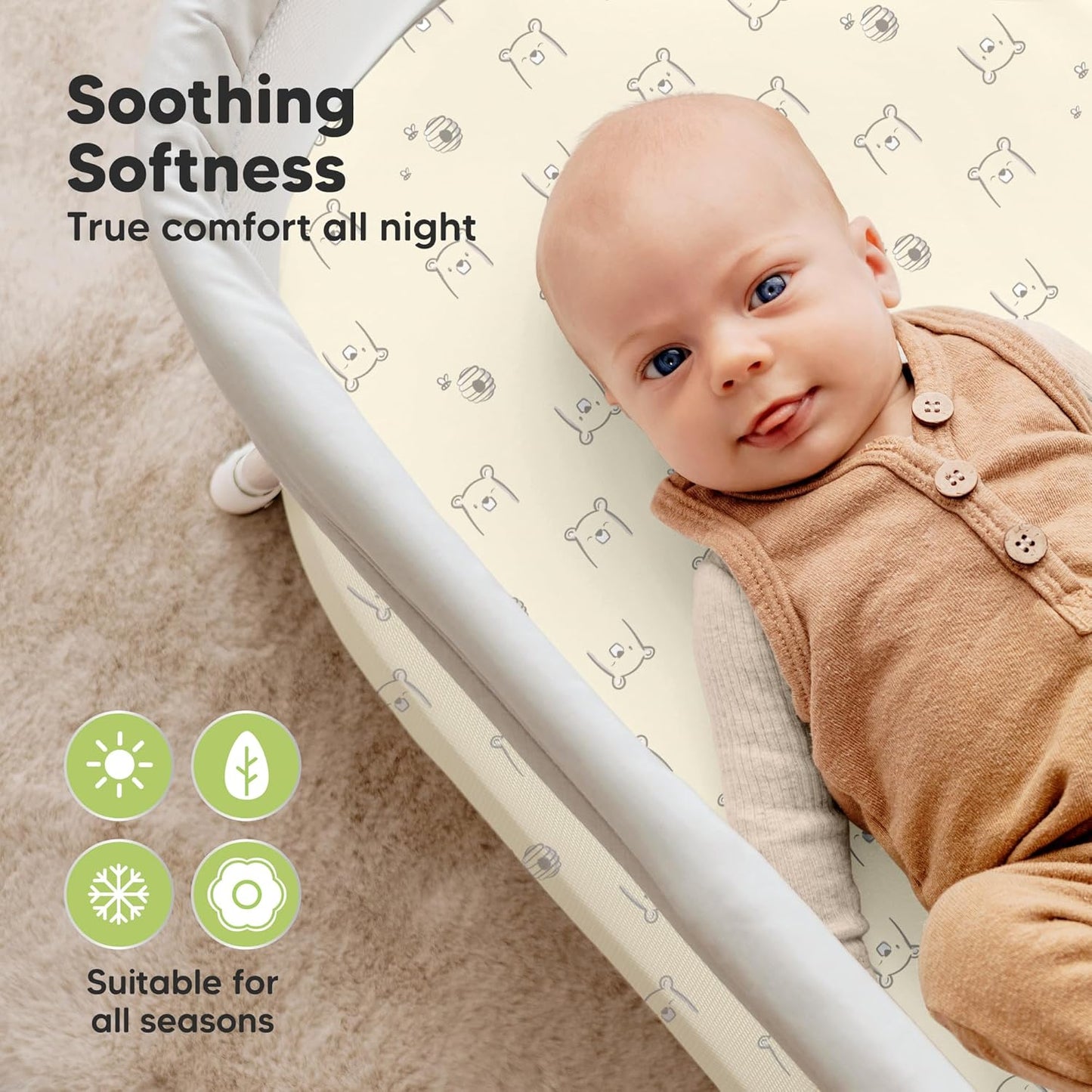 2-Pack Organic Bassinet Sheets for Girls, Boys - 100% Cotton Bassinet Mattress Sheets Compatible with Halo Bassinest Swivel Sleeper, Graco, Baby Delight, Chicco, Unisex Fitted Bassinet Sheets (Elly)