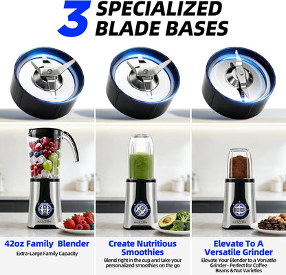 Blenders and Food Processor Combo, 13Pcs 4 in 1 Blender for Shakes and Smoothies,17oz Meat Grinder baby food&10oz Spice Grinder 42oz Family&24oz to-go Cups,Dishwasher Safe,Silver