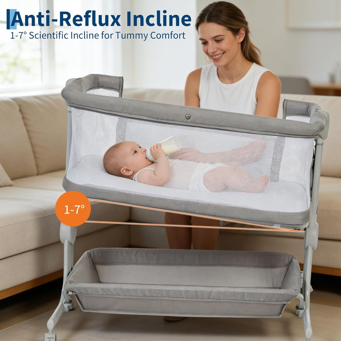 Baby Bassinet, 3-in-1 Portable Bedside Sleeper for Newborn All Mesh Sides Breathable with 6 Height Adjustments, 1-7° Anti-Reflux Incline, Detachable Mosquito Net, Storage Basket & 360° Lockable Wheels