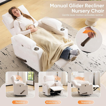 Rocking Chair Nursery with Adjustable Armrests, Electric Glider Recliner Nursing Chair for Breastfeeding, Power Swivel Recliner Chairs with Massage and Heat, Adjustable Headrest , FSC Certified, White