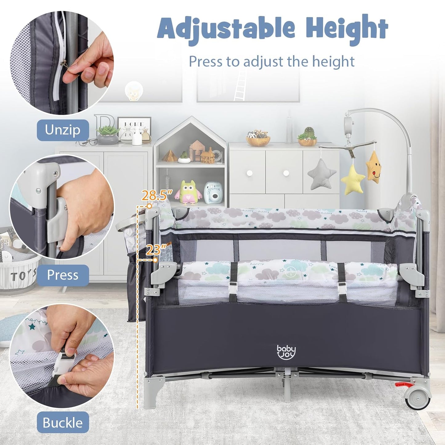 BABY JOY 5-in-1 Pack and Play, Portable Baby Bedside Sleeper with Bassinet, U-Shaped Diaper Changer, Safety Strap, Side Zipper Entrance, Hangings, Bedside Crib Playard from Newborn to Toddlers (Gray)