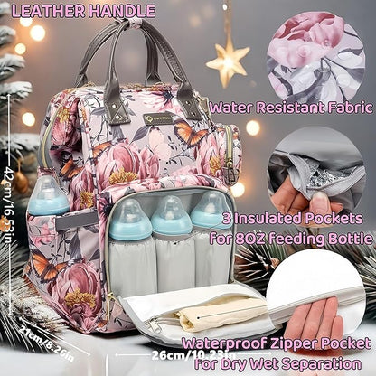 Floral Diaper Bag Backpack with Coin Bag USB Charging Port Stroller Straps and Insulated Pocket,Travel Nappy Backpack For Women/Mom (Grey Pink Flower Pattern)