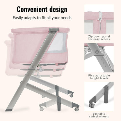 Dream On Me Skylar Bassinet and Bedside Sleeper, Adjustable Heights, Breathable Mesh Sides, Plush Mattress Pad, Wheels with Safety Locks & Tool-Free Assembly, Compact Fold & Travel Bag - Pink