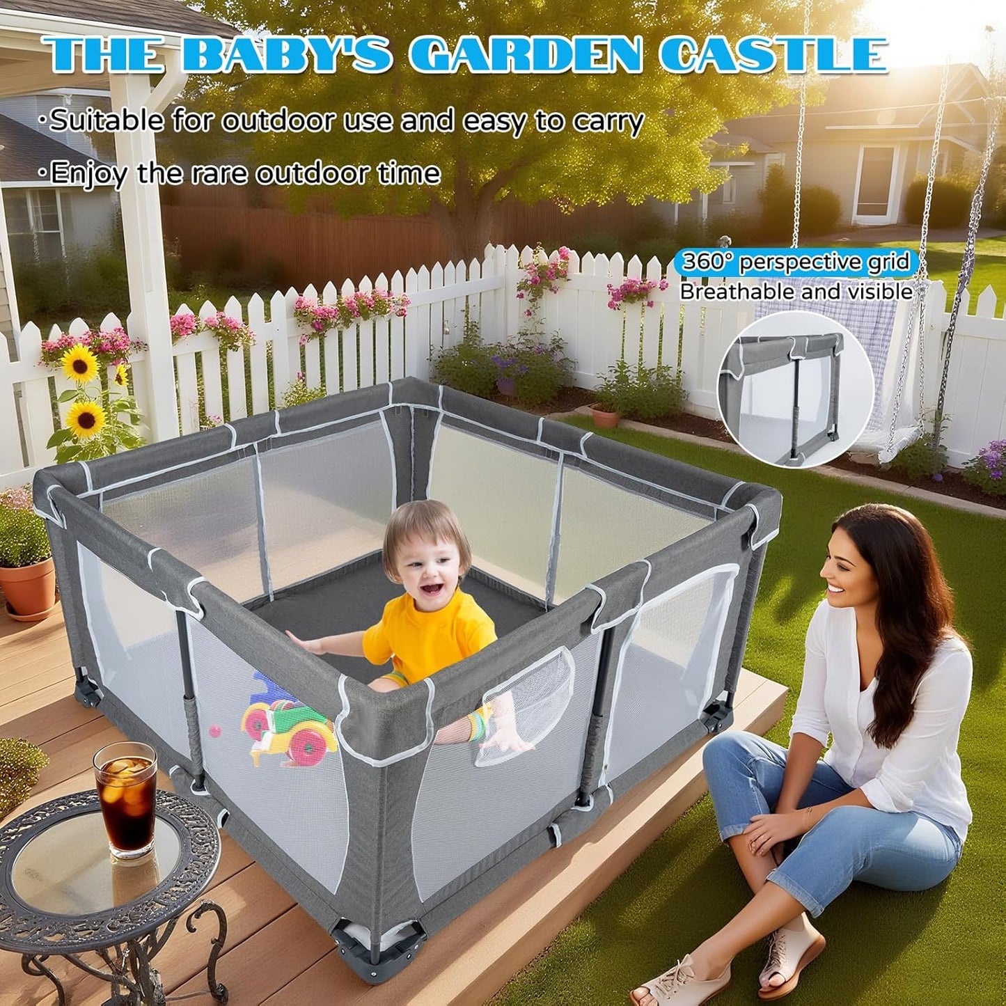 Foldable Baby Playpen,PlayPens for Babies and Toddlers，Indoor Outdoor Safety Play Area, Portable Child Activity Large Collapsible Play Yard，Folding Fence (Cationic Fabric-Grey, 50"x50")