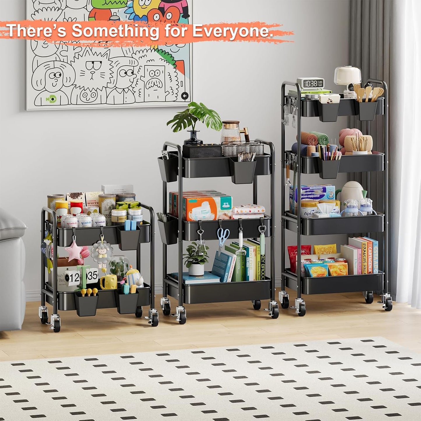 3 Tier Rolling Cart Metal with Lockable Wheels, Pink Three Tiered Diaper Caddy Cart Organizer on Wheels, Storage Utility Trolley Carts for Craft, Art, Nail, Lash, Baby Supplies, Cleaning, Mesh
