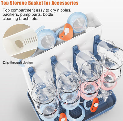 Baby Bottle Drying Rack, Vertical Bottle Rack Dryer Space Saving Bottle Drying Rack Countertop Organizer with Brush Holder for Bottles & Baby Accessories Pacifiers and Pump Part- BPA-Free(Blue)