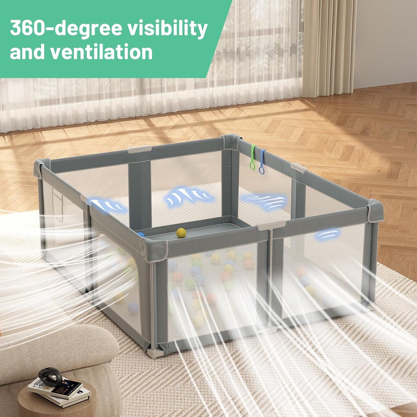 Foldable Playpen for Babies and Toddlers, 51" Portable Play Pen with Mat and Ocean Balls, Play Yard with with Visible Mesh for Inddor and Outdoor, No Assembly Required, Dark Gray