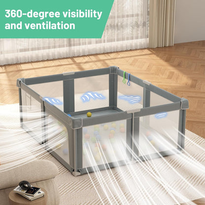Foldable Playpen for Babies and Toddlers, 51" Portable Play Pen with Mat and Ocean Balls, Play Yard with with Visible Mesh for Inddor and Outdoor, No Assembly Required, Dark Gray
