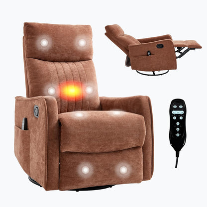Casaphoria 360° Swivel Rocking Recliner Chair with Heat and Massage Upholstered Fabric Nursery Glider with Side Pocket for Living Room,Bedroom,Home Theater and RV Small Space(Light Gray)