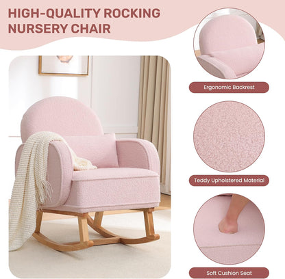HCHAIRH Nursery Rocking Chair with Ottoman, Upholstered Glider Rocker with High Backrest Side Pocket, Rocking Accent Armchair with Solid Wood Legs for Nursery, Living Room, Bedroom, Light Grey