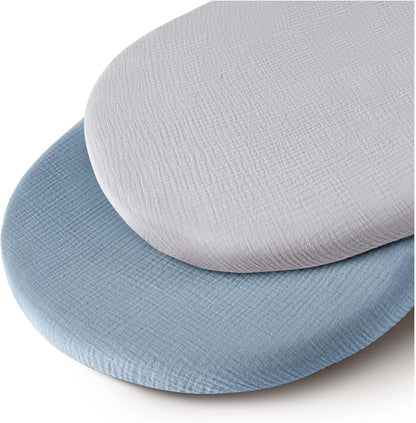 MairMore 2 Pack Muslin Fitted Bassinet Sheets for Babies, Soft & Breathable 100% Cotton Bedside Sleeper Bassinet Sheet, Moses Basket Oval Rectangle Pad/Mattress (Pink Blossom)
