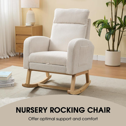 NIOIIKIT Nursery Rocking Chair, Corduroy Upholstered Rocking Chair with Adjustable Footrest, Tufted Rocker Chair with Side Pocket, Glider Rocker for Living Room, Bedroom (Cream Retro)