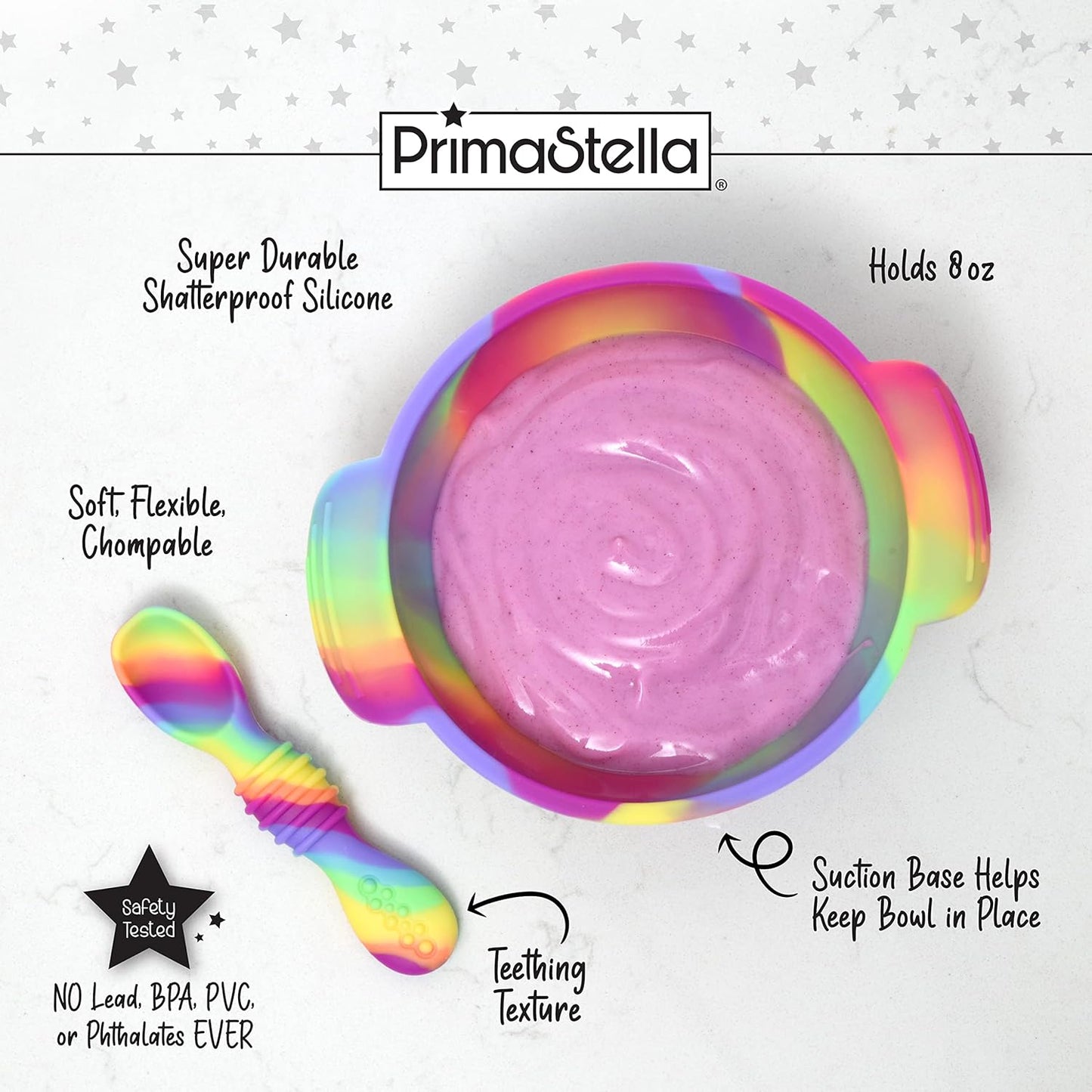 PrimaStella Unbreakable Silicone Non-Slip Bowl and Chew Spoon Set for Babies and Toddlers (Rainbow Swirl)