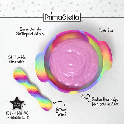 PrimaStella Unbreakable Silicone Non-Slip Bowl and Chew Spoon Set for Babies and Toddlers (Rainbow Swirl)