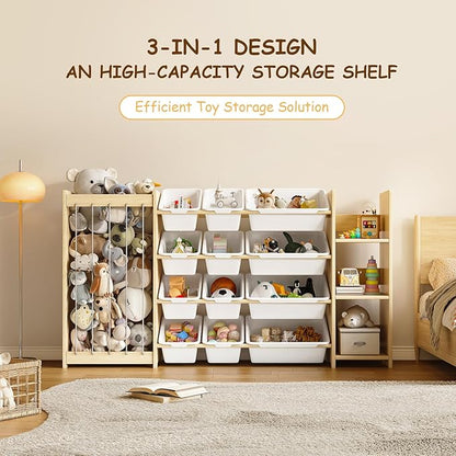 EXPERLAM 3-in-1 Toy Storage Organizer, Stuffed Animal Holder & 3-Tier Bookcase, Solid Wood Toy Organizer with 12 Storage Bins, Space-Saving Toy & Book Shelf for Kids Rooms, Bedroom, Playroom, White