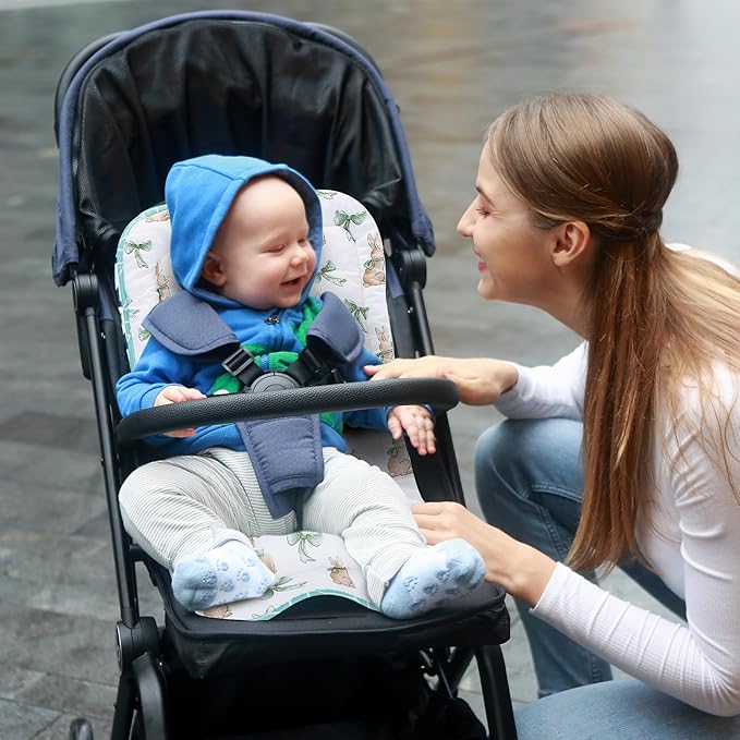 Baby Stroller Cushion,Infant Car Seat Insert-Reversible Universal Breathable and Soft Newborn Stroller Mat,100% Cotton Cover Toddler Seat Pad Liner-34x78cm,1 Pack(Rabbit+Green)
