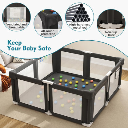 Foldable Playpen for Babies and Toddlers, 51" Portable Play Pen with Mat and Ocean Balls, Play Yard with with Visible Mesh for Inddor and Outdoor, No Assembly Required, Dark Gray