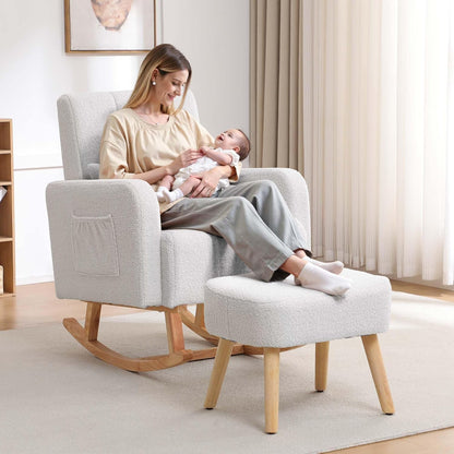 HCHAIRH Nursery Rocking Chair with Ottoman, Upholstered Glider Rocker with High Backrest Side Pocket, Rocking Accent Armchair with Solid Wood Legs for Nursery, Living Room, Bedroom, Light Grey
