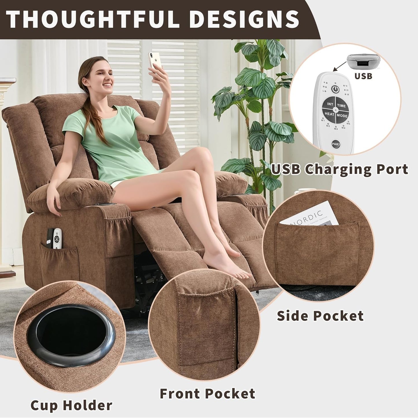 Rocking Recliner Chair for Adults Wide 360° Swivel Rocker Recliner with Cup Holder Nursery Glider with Upholstered Deep Seat Linen Lazy boy Chair for Living Room Browm