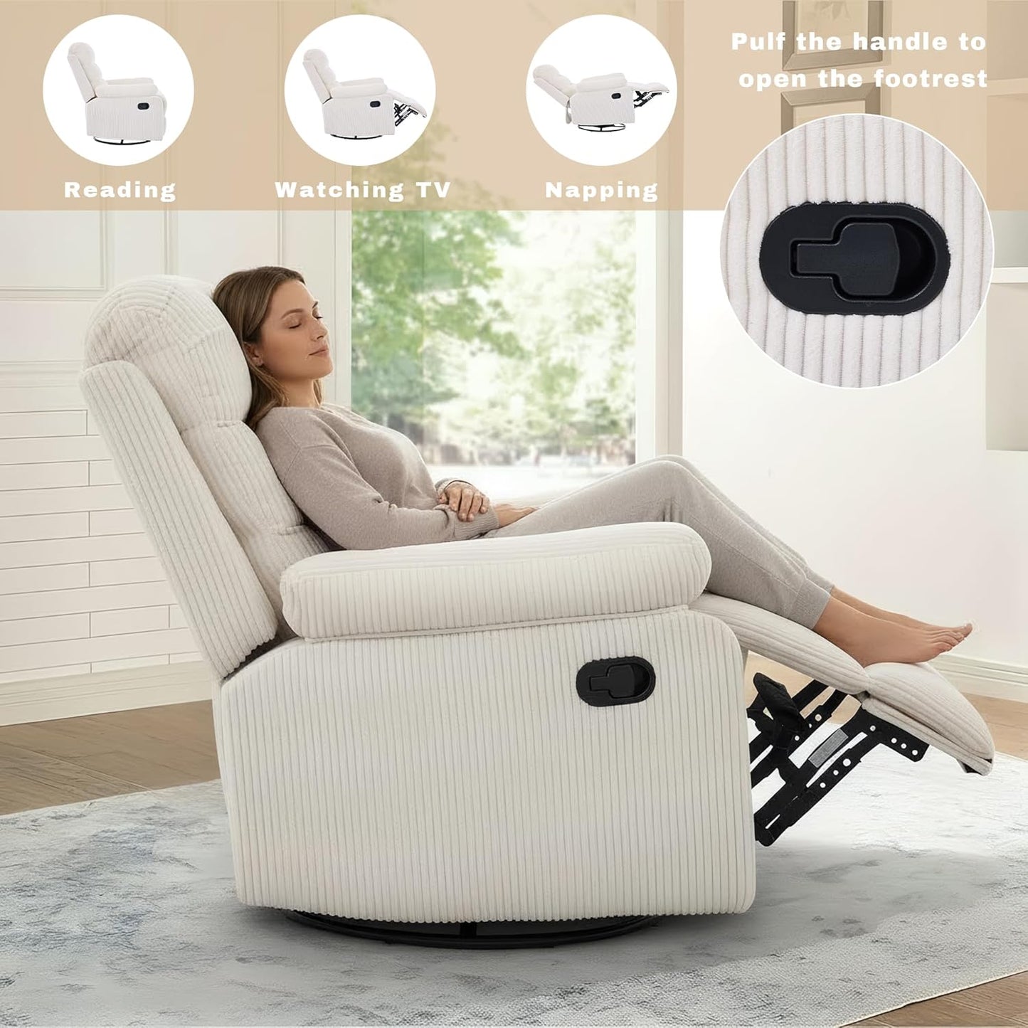 Rocking Recliner Chair,Modern Swivel Glider Recliner Chair,Corduroy Fabric Upholstery Recliner,Manual Reclining Sofa Chair for Living Room,Office,Apartment (Beige)