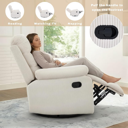 Rocking Recliner Chair,Modern Swivel Glider Recliner Chair,Corduroy Fabric Upholstery Recliner,Manual Reclining Sofa Chair for Living Room,Office,Apartment (Beige)