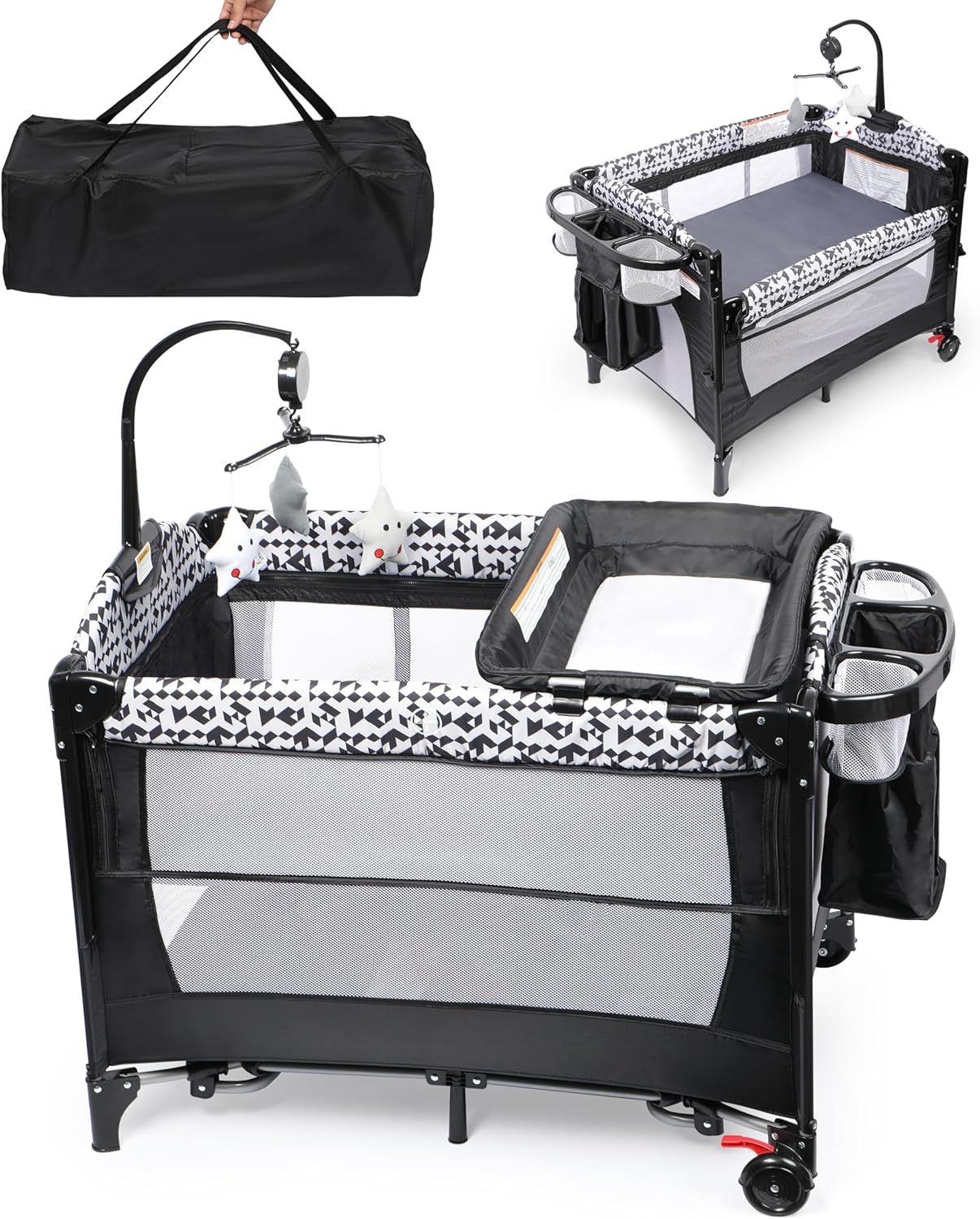 Xilingol 5-in-1 Pack and Play, Baby Bassinet Bedside Sleeper with Diaper Changer, Storage Bag & Music Box, Portable Baby Crib with Carry Bag, Foldable Playard with Bassinet for Newborn to Toddlers