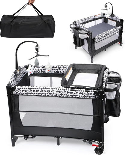Xilingol 5-in-1 Pack and Play, Baby Bassinet Bedside Sleeper with Diaper Changer, Storage Bag & Music Box, Portable Baby Crib with Carry Bag, Foldable Playard with Bassinet for Newborn to Toddlers
