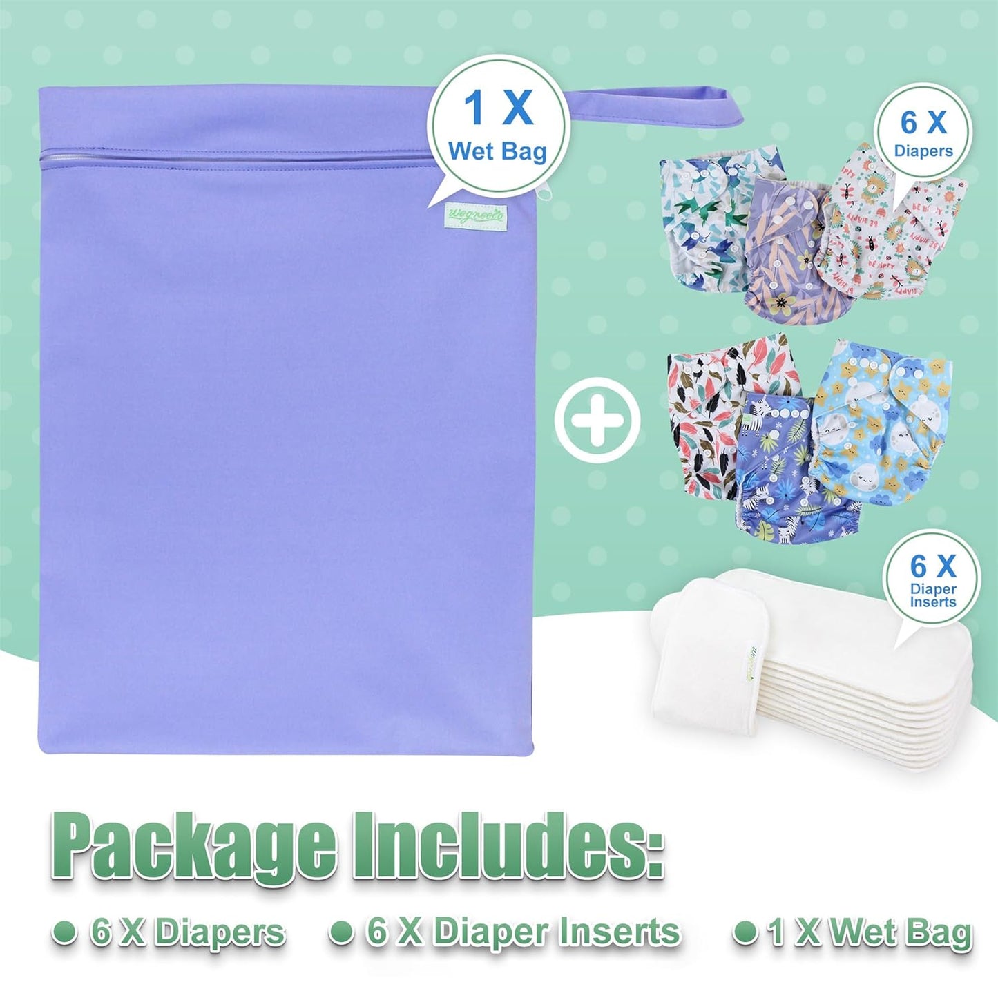 wegreeco Cloth Diapers 6 Pack with 6 Inserts & 1 Wet Bag, Washable Cloth Diapers for Babies, One Size Adjustable Reusable (Flower)
