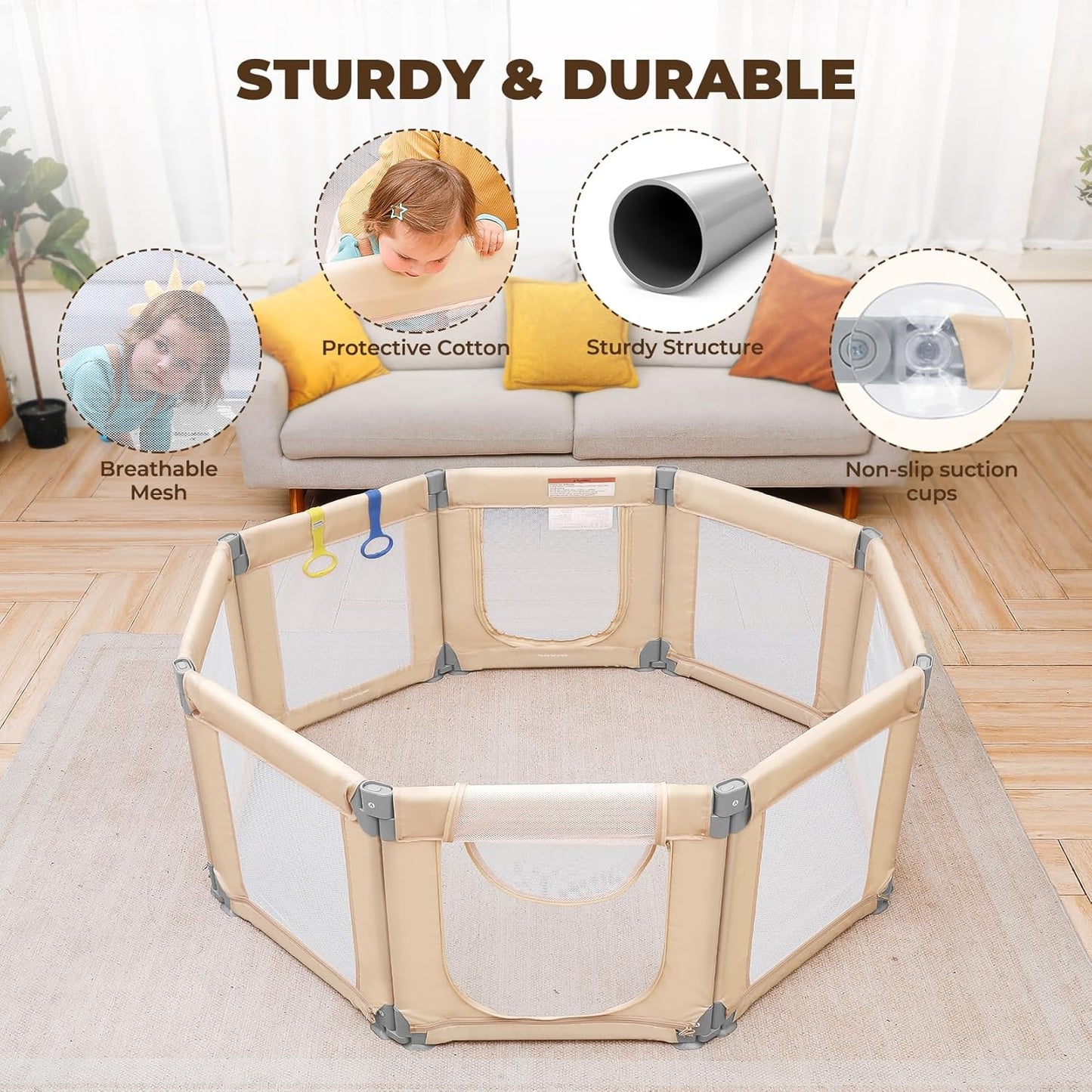 Dripex Baby Playpen, 47"x47" Small Playpen for Babies, Enhanced Safety Baby Play Yard for Indoor & Outdoor, Infant Play Pen with Soft Breathable Visible Mesh, Anti-Fall Design & Easy Setup, Grey