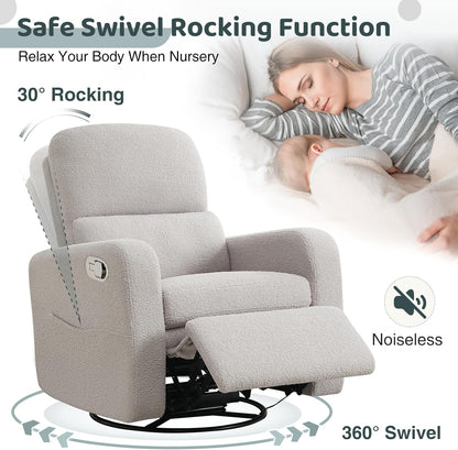 Swivel Rocker Recliner, Oversized Boucle Glider Recliner Nursery, Manual Swivel Rocking Reclining Chairs with Removable Cushion and Lumbar Support for Nursery Living Room Bedroom, Teddy White