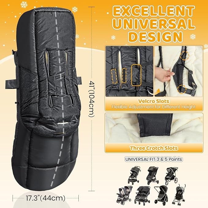 IvyWind Stroller Footmuff, Baby Winter Stroller Bunting Bag with Removable Zipper, Universal Warm Sleeping Bag for Cold Weather, Waterproof & Cozy Fleece Lining for Toddler Infant Kids, Black