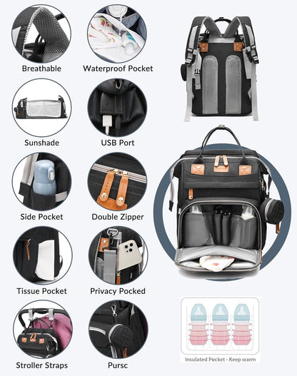 Astro alan Baby Diaper Bag with Changing Station, Waterproof Diaper Bag Backpack for Moms Dads with USB Charging Port, Baby Shower Gifts, Large Capacity diaper backpack, Grey