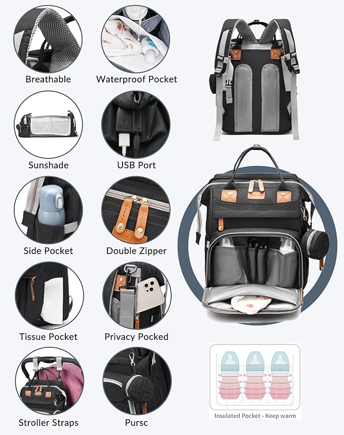 Astro alan Baby Diaper Bags with Changing Station, Waterproof Diaper Bag Backpack for Moms Dads with USB Charging Port, Baby Shower Gifts, Large Capacity diaper backpack, Black