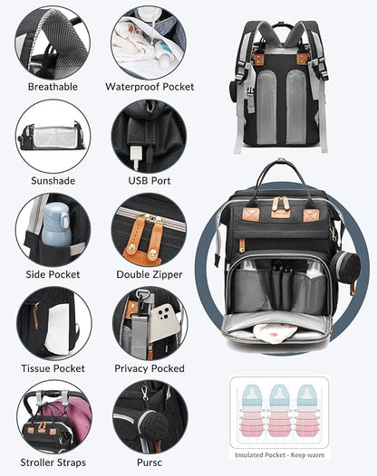 Astro alan Baby Diaper Bags with Changing Station, Waterproof Diaper Bag Backpack for Moms Dads with USB Charging Port, Baby Shower Gifts, Large Capacity diaper backpack, Black