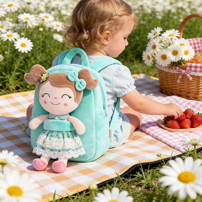 Gloveleya Kids Backpacks Girls Backpack Plush Bags with Soft Baby Doll Green 9" | with Soft Baby Doll