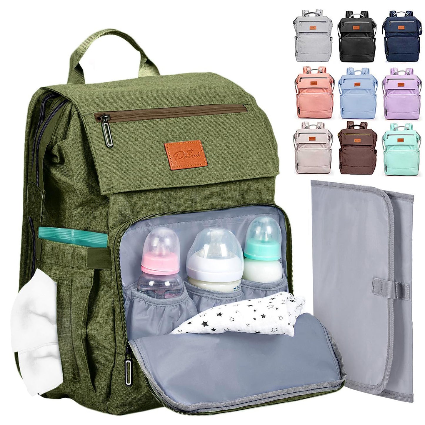 PILLANI Baby Diaper Bag Backpack - Large Waterproof Travel Diaper Bag for Boys & Girls, 16 Organizer Pockets with Changing Pad, Insulated Bottle Pockets & Stroller Straps, Baby Shower Gifts, Dinosaur