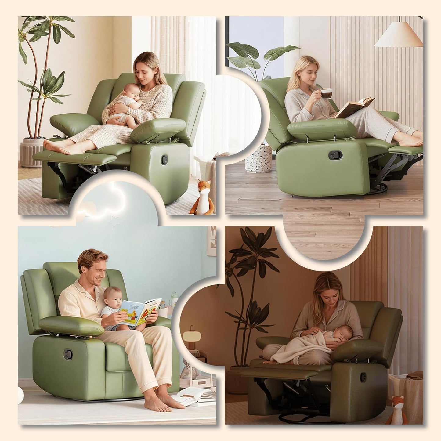 AILEEKISS Nursery Glider Recliner Chair with Adjustable Armrests, Swivel Rocking Recliner for Breastfeeding Moms, 360° Swivel, 30° Rocking, 90°-160° Recline, Easy-Clean Nursery Chair(White)