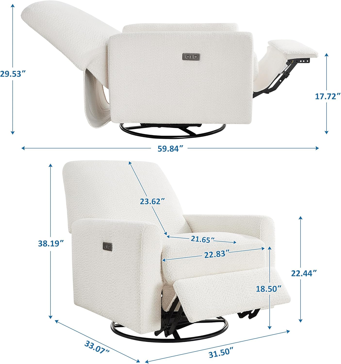 VANOMi Power Swivel Glider Recliner Chair, Electric Nursery Rocker Recliner Chair, USB & Type-C Charger, Boucle White