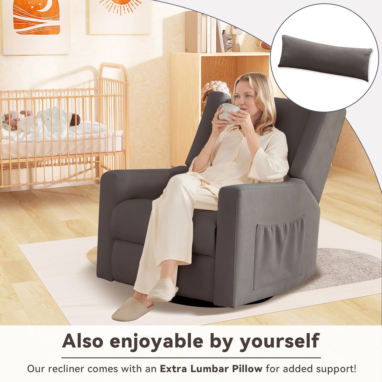 Tbfit Nursery Rocking Chair,360°Swivel Recliner Chair with Lumbar Support for Bedroom, Comfy Upholstered Armchair with Pillows & Footrest for Living Room & Baby Room