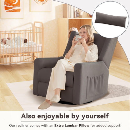 Tbfit Nursery Rocking Chair,360°Swivel Recliner Chair with Lumbar Support for Bedroom, Comfy Upholstered Armchair with Pillows & Footrest for Living Room & Baby Room