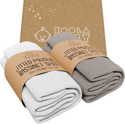 Bassinet Sheet for Bassinet Mattress - 100% Organic Jersey Knit Cotton - Snuggly Soft & Cozy Sheets Fitted for Oval Rectangle & KoolaBaby Bedside Sleeper - White & Grey 2 Pack