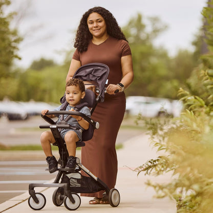 Evolur Velo Rider Travel Stroller – Compact, Lightweight Umbrella Stroller for Toddlers 6–36 Months, One-Hand Fold, Footrest, Rear Platform, 5-Point Harness, Portable & Travel-Friendly