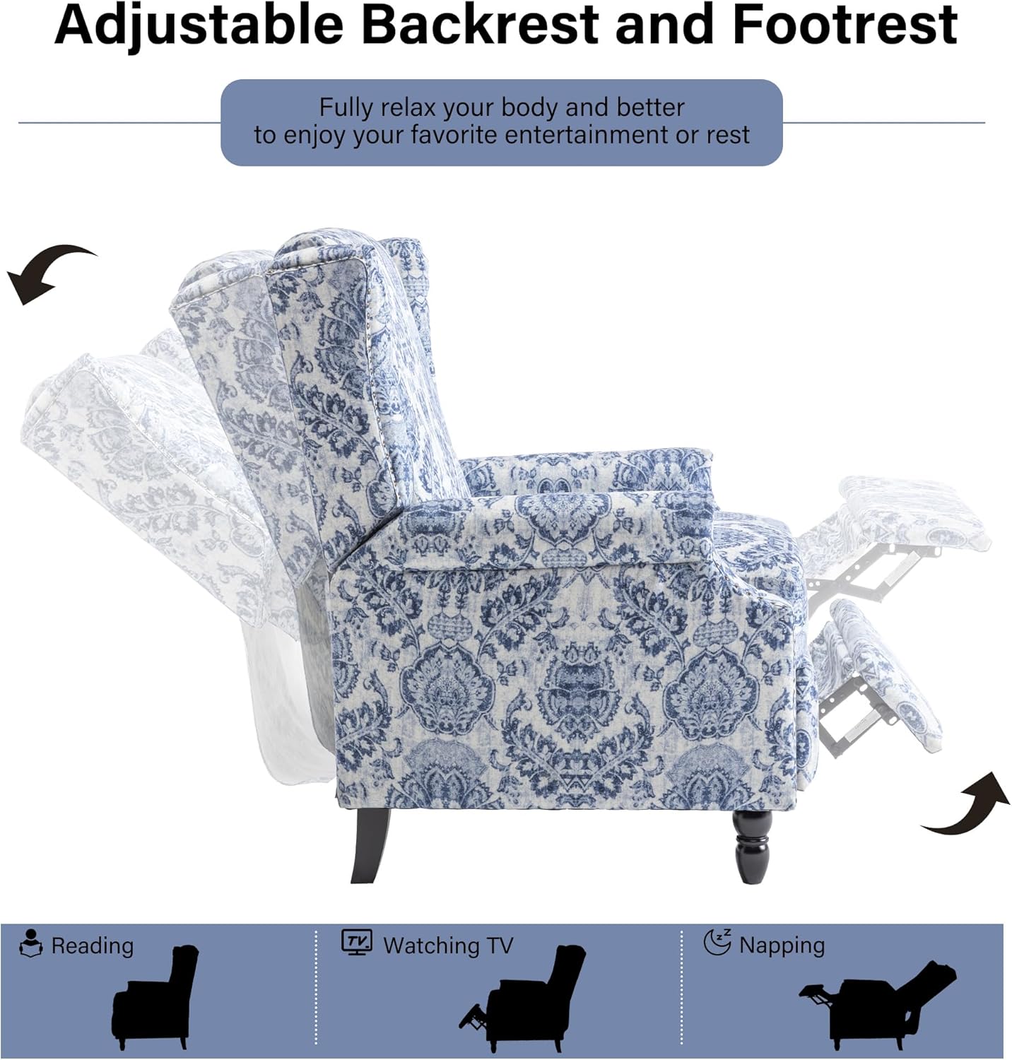 Swivel Rocker Recliner Chair, Manual Nursery Glider Recliner, Floral Fabric Wingback Accent Chair with Adjustable Backrest & Footrest for Small Spaces Living Room Bedroom (Plants Floral, Set of 1)