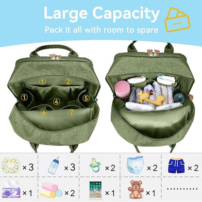 LANDICI Diaper Bag Backpack, Multifunction Baby Diaper Bags with Changing Pad, Stroller Straps & Pacifier Case, Travel Essentials Back Pack for Mom Dad Boy Girl, Large Capacity, Waterproof, Army Green