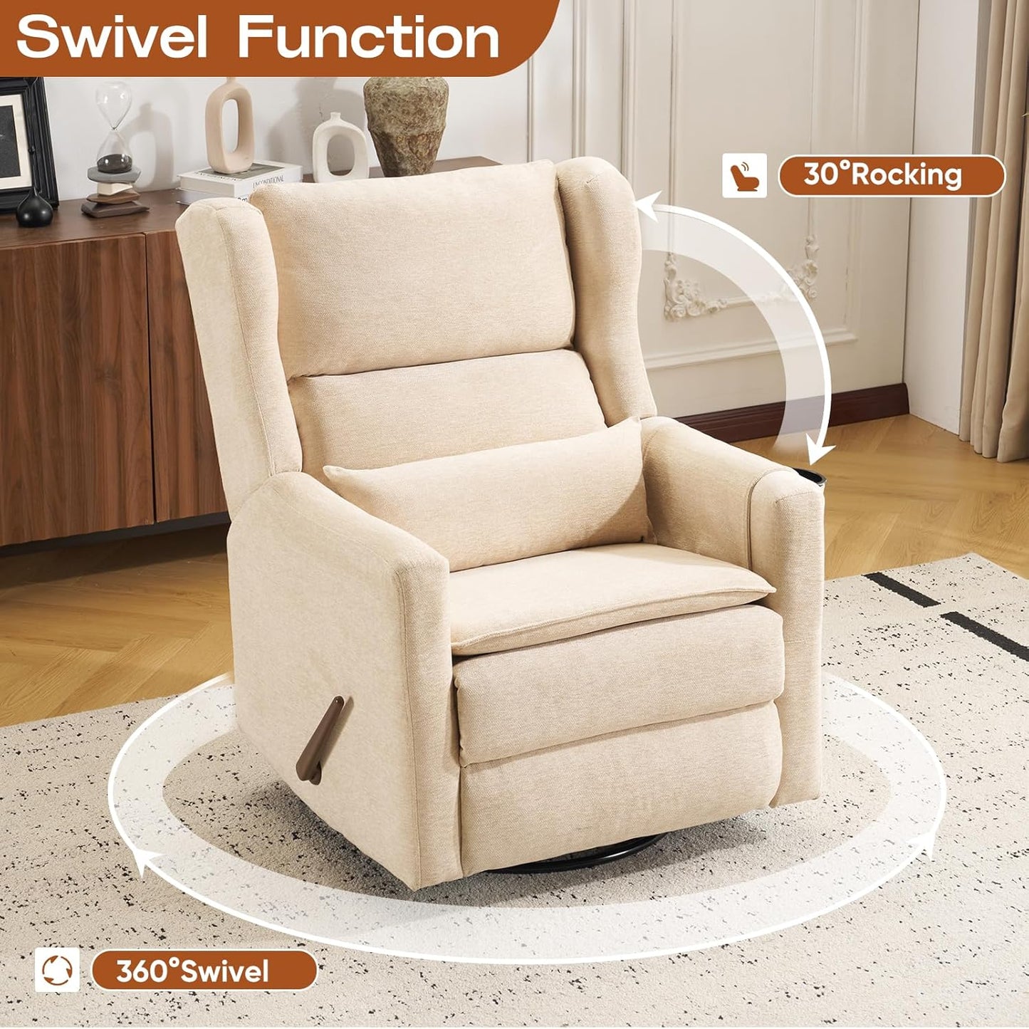 Power Recliner Chair Swivel Glider with Adjustable Headrest，Oversized Swivel Rocker Recliner with Lumbar Support, Upholstered Nursery Glider Recliner for Living Room,White