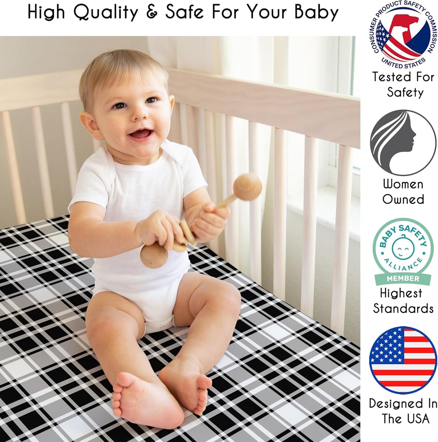 Sweet Jojo Designs 2-Piece Baby Bassinet Sheets Set (Black/White Gingham Checkered Plaid) for Boy/Girl, Infant Newborn Nursery, Oval, Rectangle & Hourglass Mattress (Solid Onyx & Classic Checkerboard)