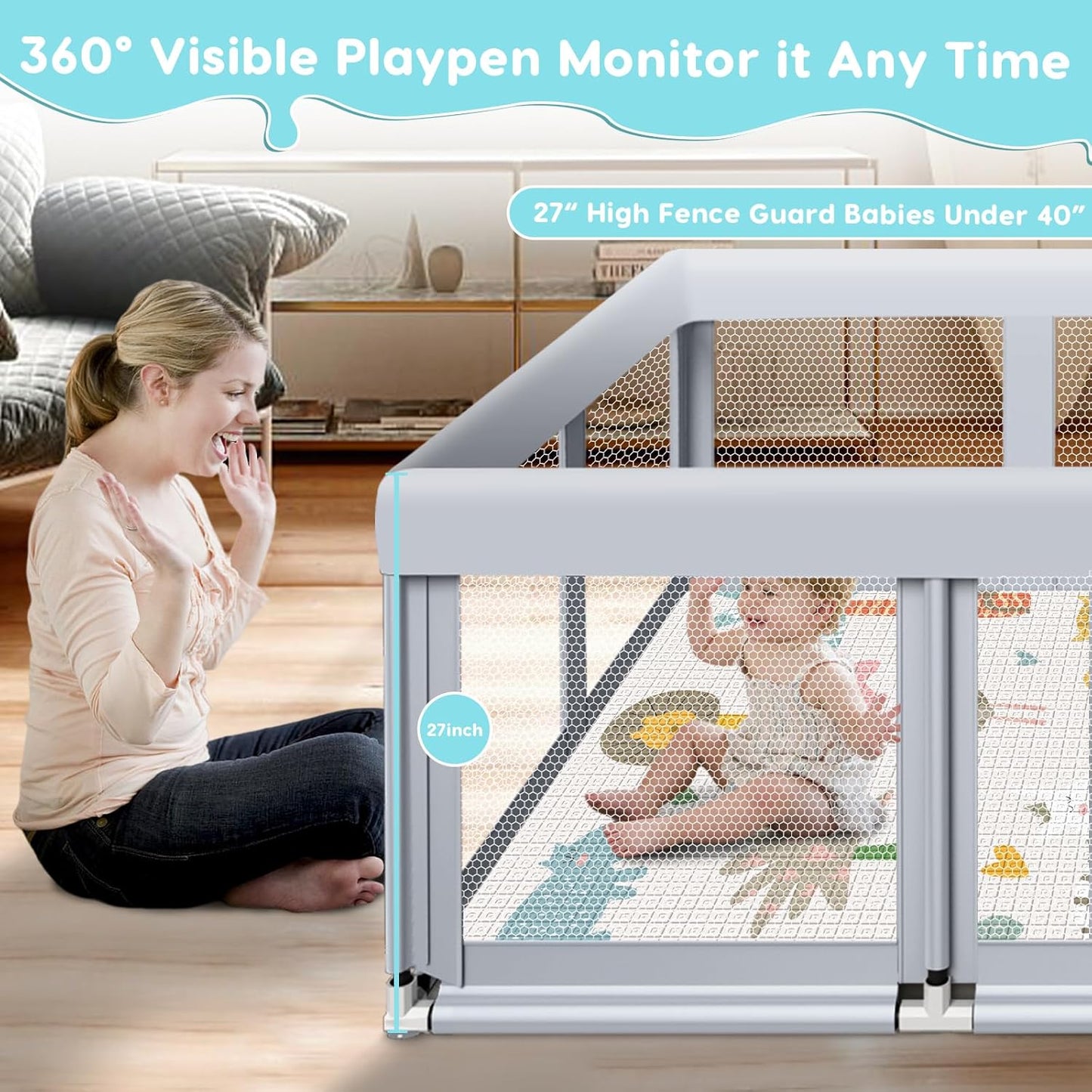 Fshibila 74" ×50" Large Baby Playpen, Baby Playard for Babies and Toddlers, Baby Fence Play Pens for Indoor & Outdoor, Sturdy Safety Play Yard with Soft Breathable Mesh, Anti-Fall, Grey